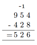Skriver 2 på tierplassen (under -1, 5 og 2) og skriver 5 på hundrerplassen (under 9 og 4). 